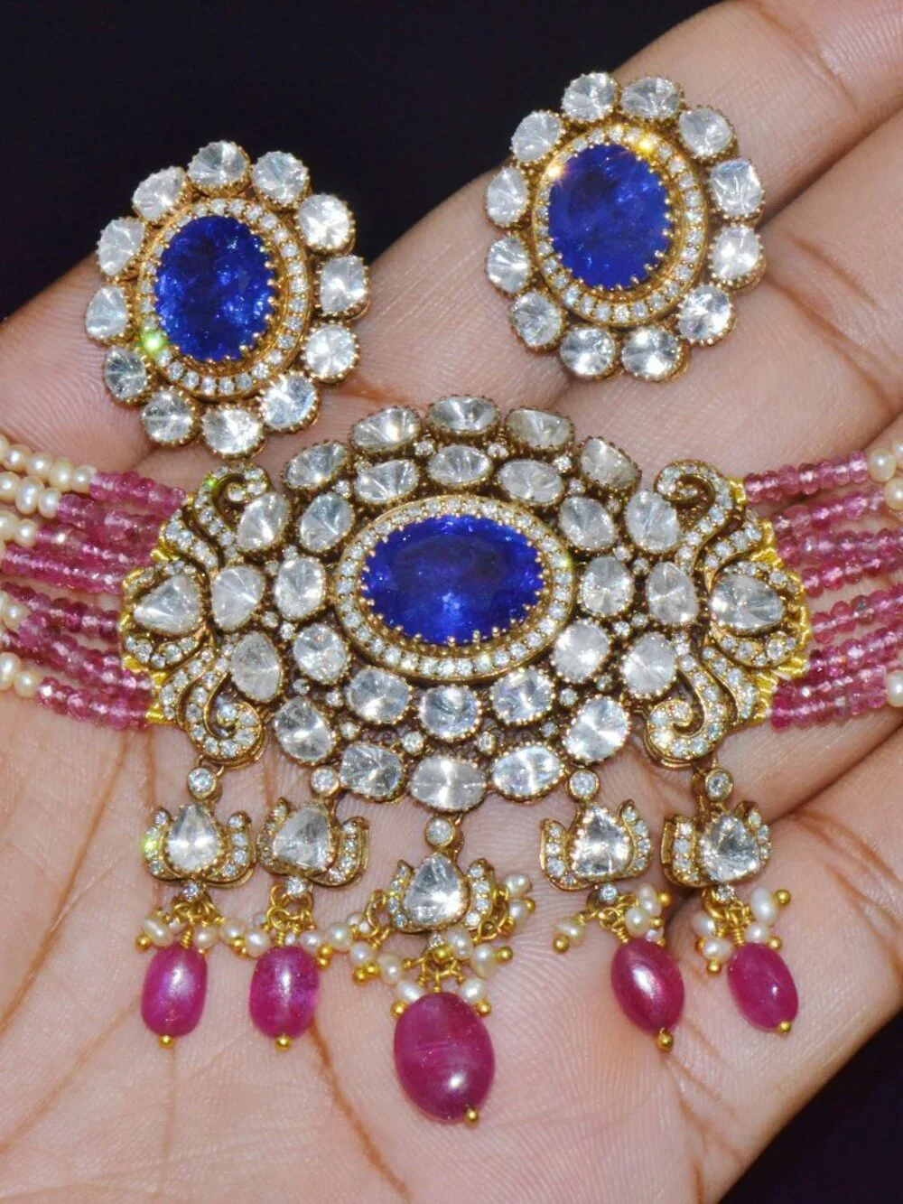 Natural Tanzanite Uncut Diamond Pearl Ruby Tourmaline 18K Gold Necklace Set